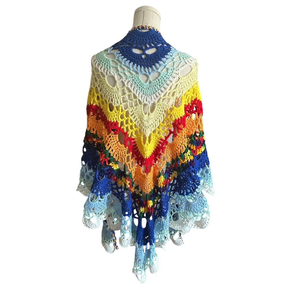 Handmade Crochet Shawl Rainbow Lace Wrap Boho Festival Colorful Open Knit Shawl - Picture 6 of 11